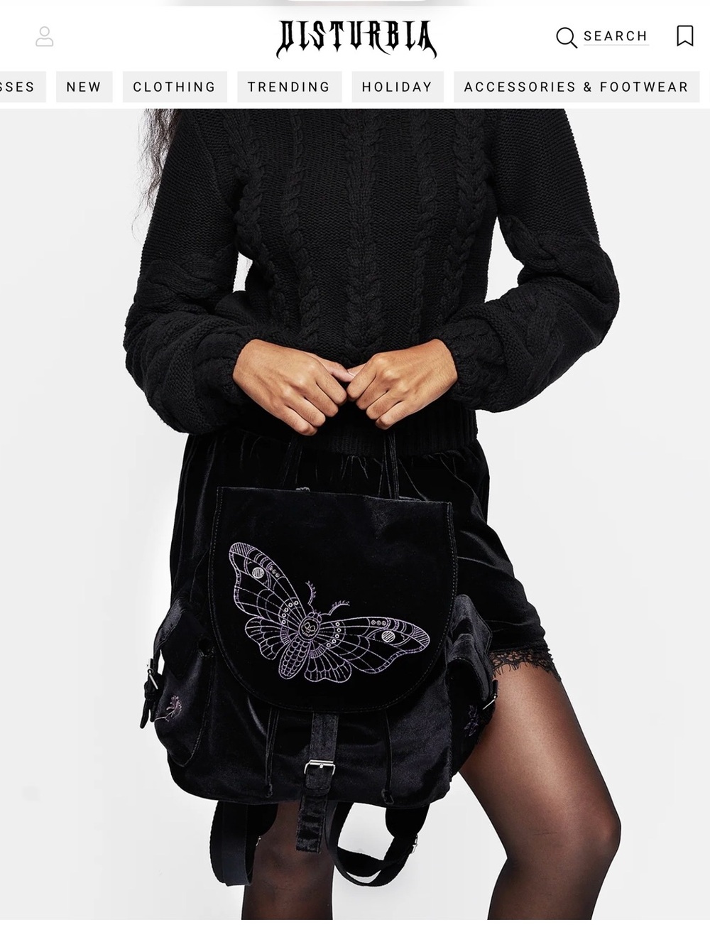 Disturbia Black Velvet Backpack with Lilac Moth / Butterfly Embroidery - Picture 4 of 15